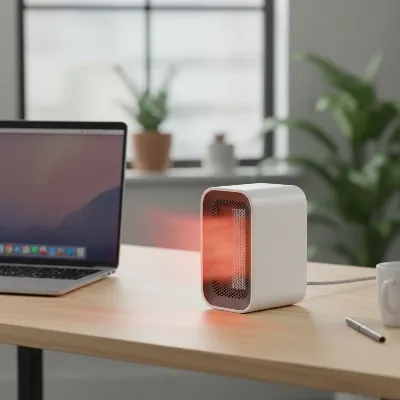 A compact Lasko MyHeat personal space heater on a clean wooden desk with a laptop and a mug, warm light casting from the heater, realistic, eye-level shot