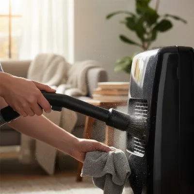 A person cleaning dust from a space heater's vents with a vacuum brush attachment