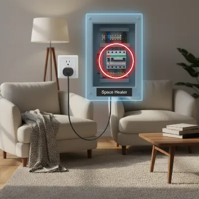 An illustration of a space heater plugged into a dedicated wall outlet, with an electrical panel showing a circuit labeled for the heater