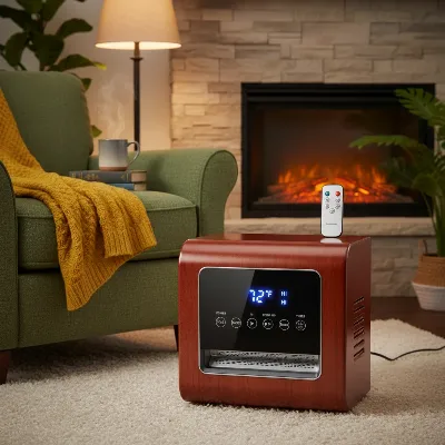 Dr. Infrared Portable Space Heater with its remote control and digital display highlighting key features