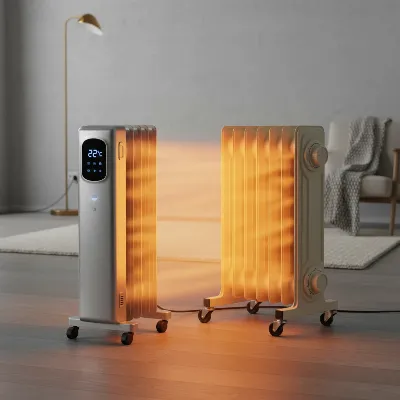 A side-by-side comparison of different oil-filled radiator designs for an article on space heaters.