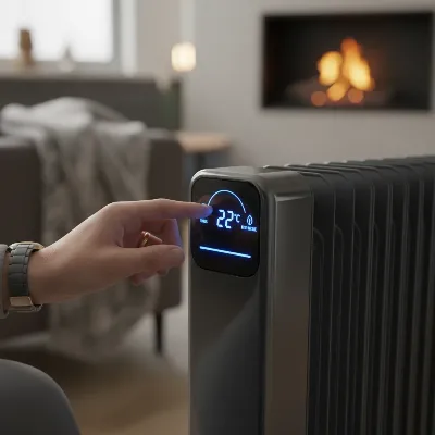 A close-up of a hand adjusting a digital thermostat on a modern oil-filled radiator, with symbols for timer and eco mode visible.