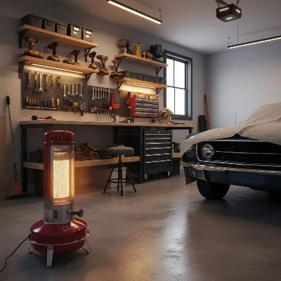 Propane space heater in a well-organized garage workshop with various tools, illustrating adequate space heating for different sizes.