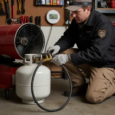 A technician inspecting a propane space heater in a garage, emphasizing safety checks and proper connections.