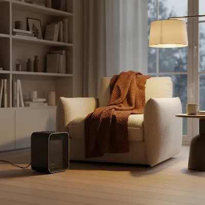 A cozy living room corner with a compact, modern space heater quietly providing warmth next to a comfortable armchair and a soft blanket, soft ambient light, realistic, low-angle shot