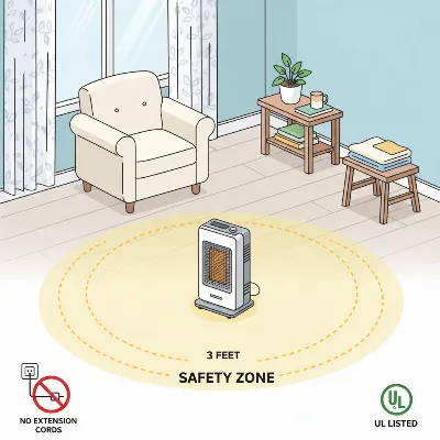 A graphic illustrating safe space heater placement with 3-foot clearance from combustibles