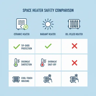 Infographic illustrating essential safety features for various types of space heaters