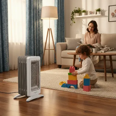 A family safely using a space heater with safety features like a tip-over switch, away from curtains and children