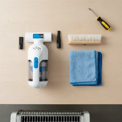 Essential tools laid out for cleaning a dusty space heater at home, including a vacuum cleaner and brushes.