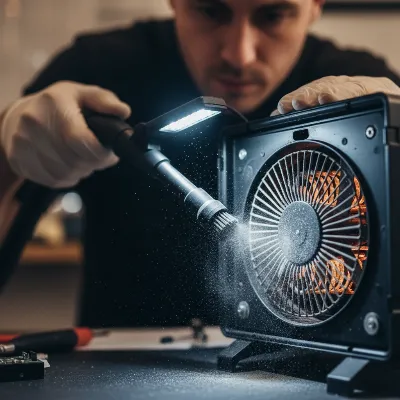 A person carefully cleaning the interior of a space heater with a vacuum attachment.